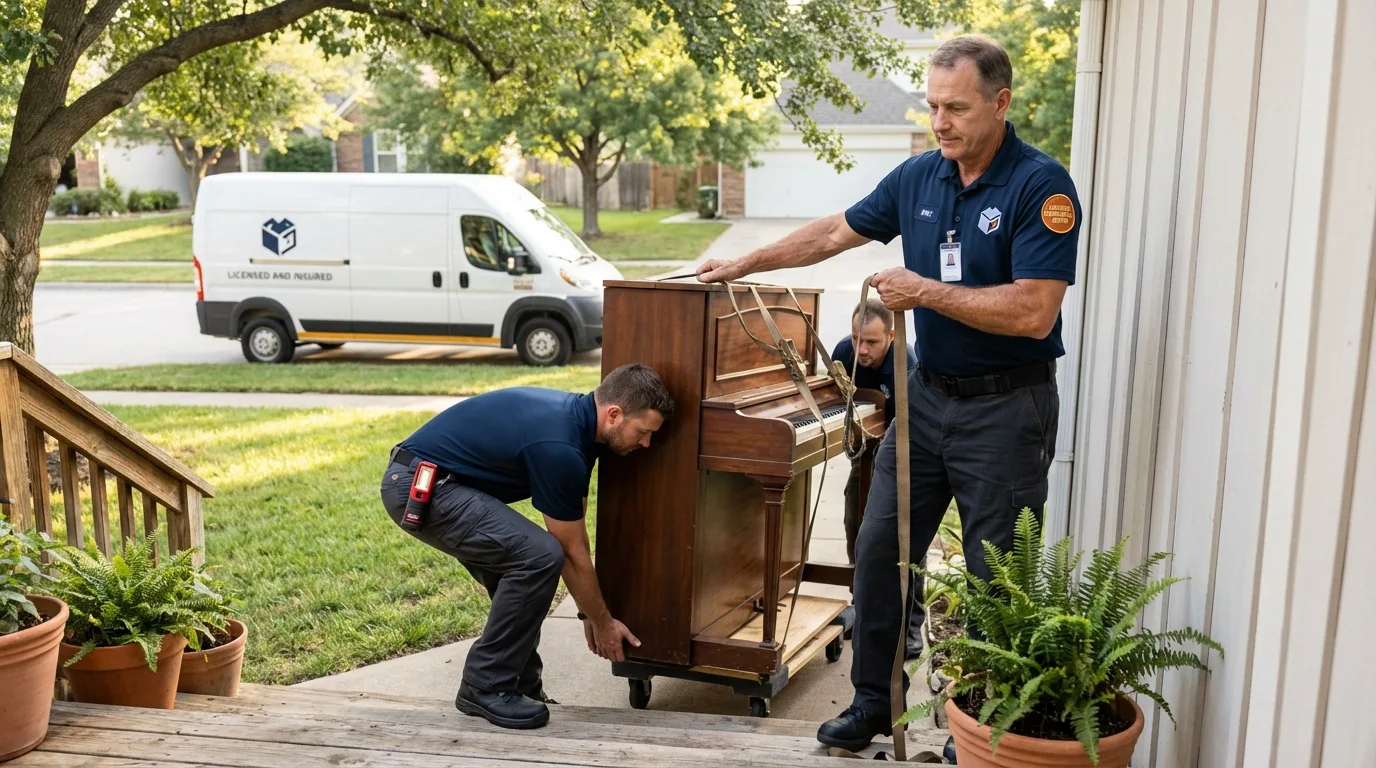 Licensed piano movers securing grand piano in New Augusta, MS