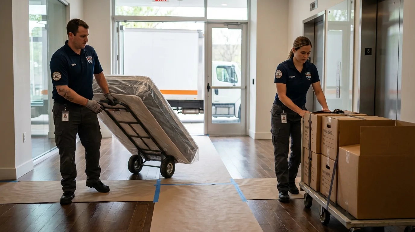 Professional apartment movers loading elevator in New Augusta, MS